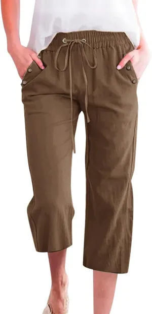 FZVYD Capri Pants for Women Casual 2025 Summer Drawstring Elastic High Waist Linen Pant Straight Wide Leg Cropped Trousers