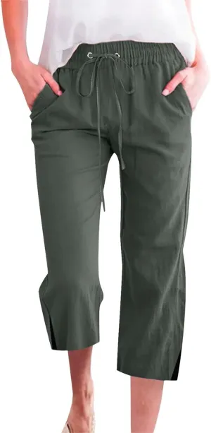 FZVYD Capris Pants for Women Cotton Linen Casual 2025 Summer Straight Wide Leg Loose Drawstring Elastic Waist Cropped Trouser