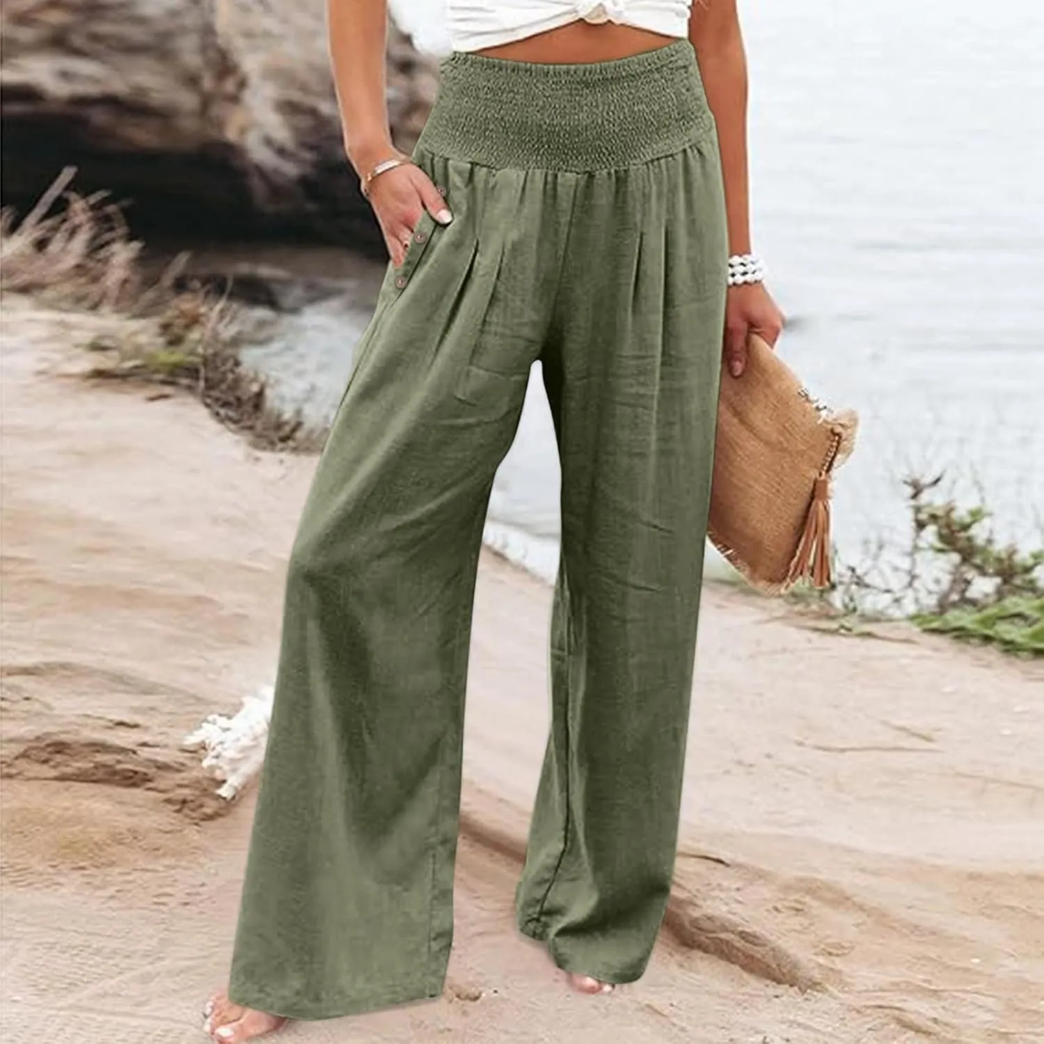 FZVYD Tummy Control Women High Waist Lounge Pants Casual Wide Leg Boho Trouser 2025 Summer Drawstring Sweatpants with Pocket