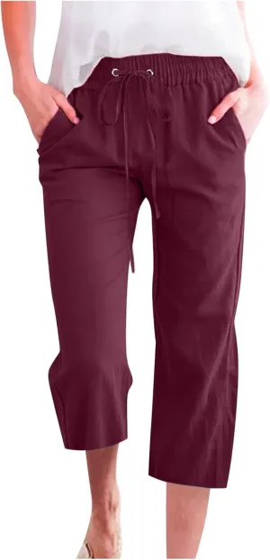 FZYLQY Capri Pants for Womens Casual 2025 Summer Drawstring Elastic High Waist Linen Pants Straight Wide Leg Cropped Trousers