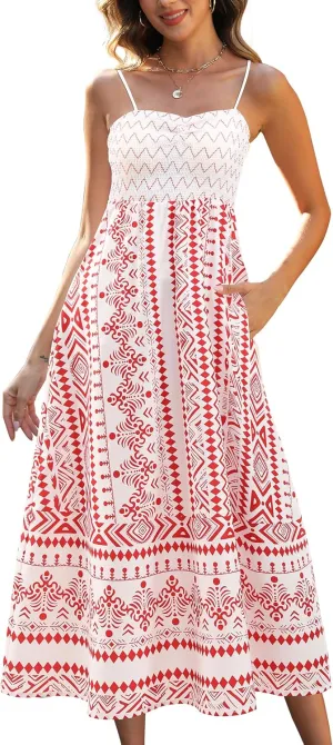 Gardenwed Women's Floral Print Maxi Dress,Spaghetti Strap Smocked Bodice A-Line Sundress with Pockets