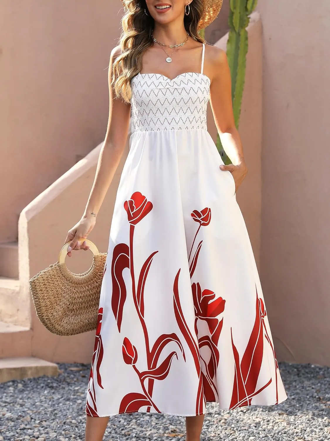Gardenwed Women's Floral Print Maxi Dress,Spaghetti Strap Smocked Bodice A-Line Sundress with Pockets