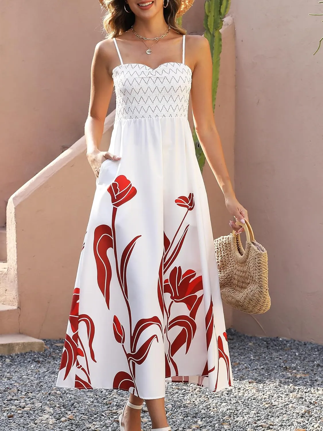 Gardenwed Women's Floral Print Maxi Dress,Spaghetti Strap Smocked Bodice A-Line Sundress with Pockets