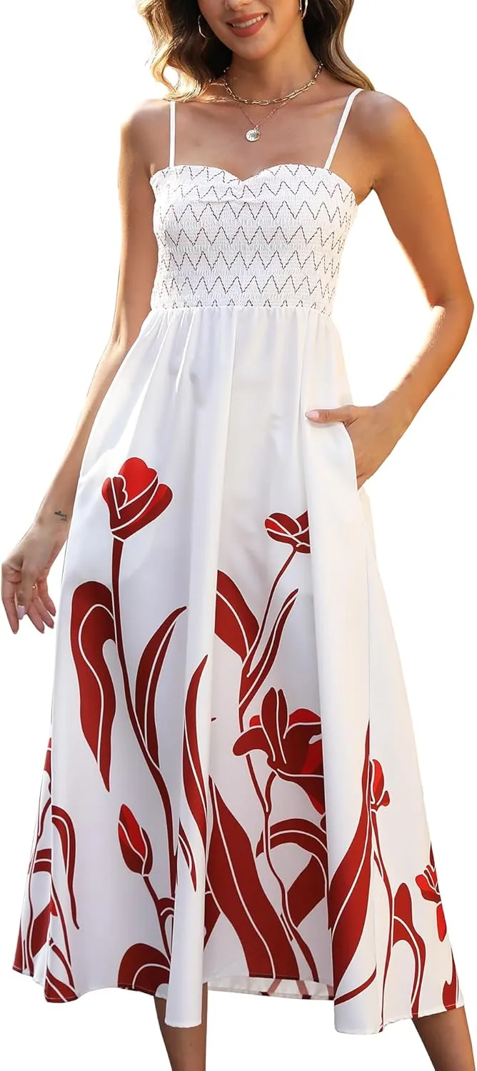 Gardenwed Women's Floral Print Maxi Dress,Spaghetti Strap Smocked Bodice A-Line Sundress with Pockets