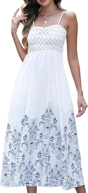 Gardenwed Women's Floral Print Maxi Dress,Spaghetti Strap Smocked Bodice A-Line Sundress with Pockets