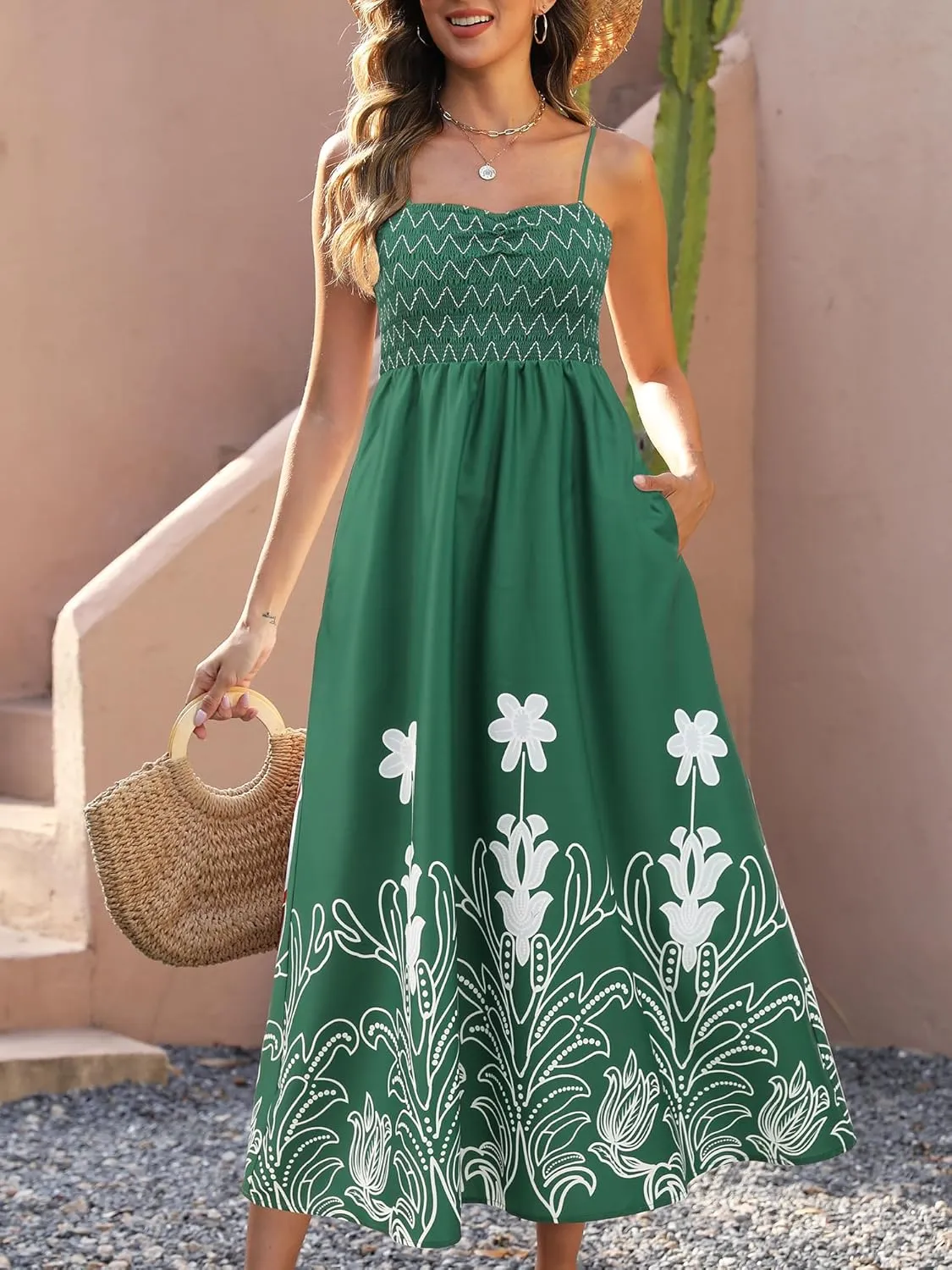 Gardenwed Women's Floral Print Maxi Dress,Spaghetti Strap Smocked Bodice A-Line Sundress with Pockets