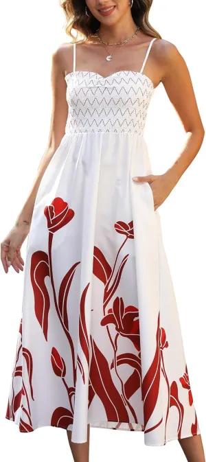 Gardenwed Women's Floral Print Maxi Dress,Spaghetti Strap Smocked Bodice A-Line Sundress with Pockets