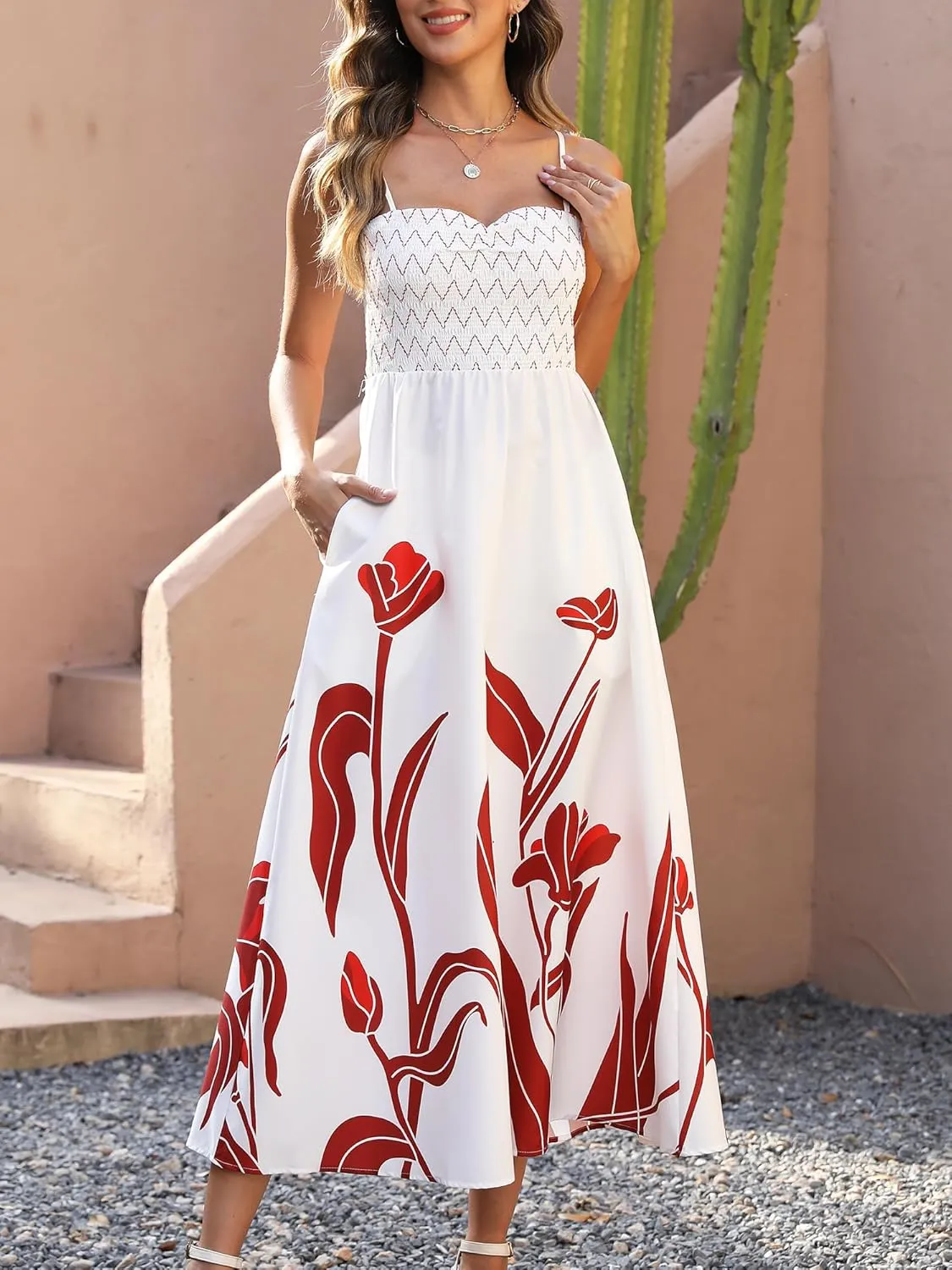 Gardenwed Women's Floral Print Maxi Dress,Spaghetti Strap Smocked Bodice A-Line Sundress with Pockets