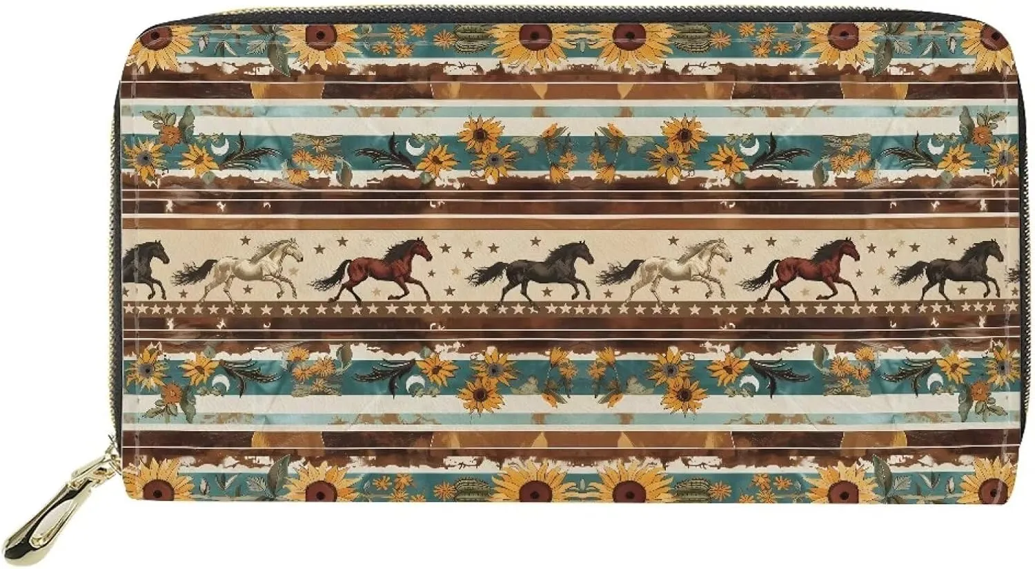 GIFTPUZZ Aztec Horse Wallets Women Travel Shopping Clutch Purse Lady Zip Around Money Organizer with Card Slots & Zipper Coin Pocket Western Wallets for Women Waterproof