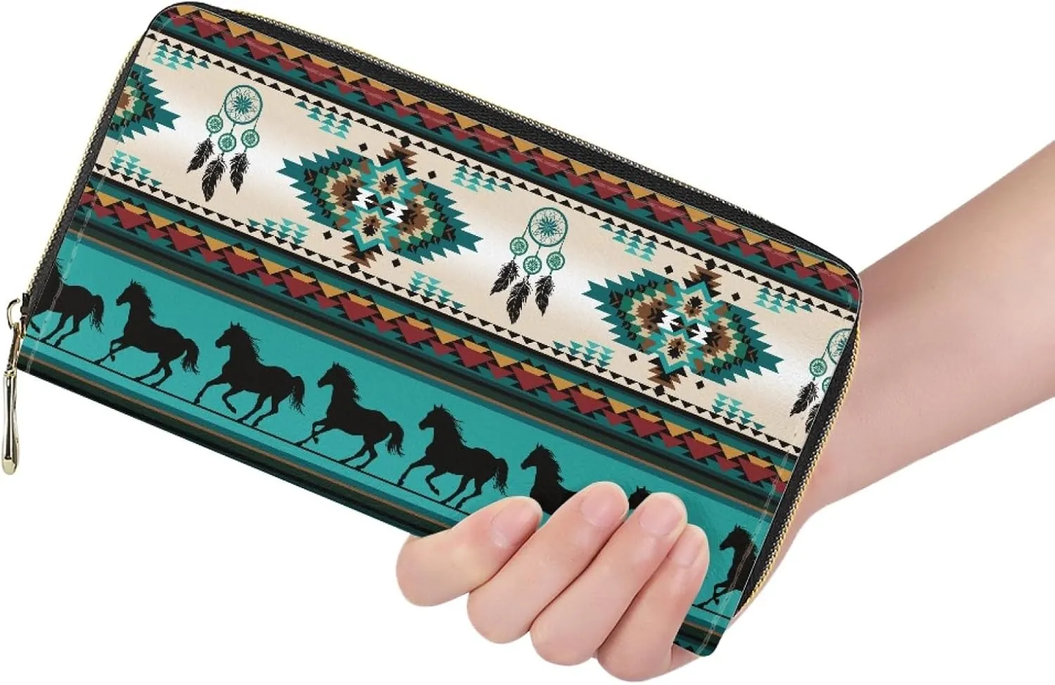 GIFTPUZZ Womens Wallet Turquoise Aztec Horse Pattern Fashion Rfid Blocking Zip Around Clutch for Evening Party Travel Shopping Purse with Card Slots & Zip Coin Pocket