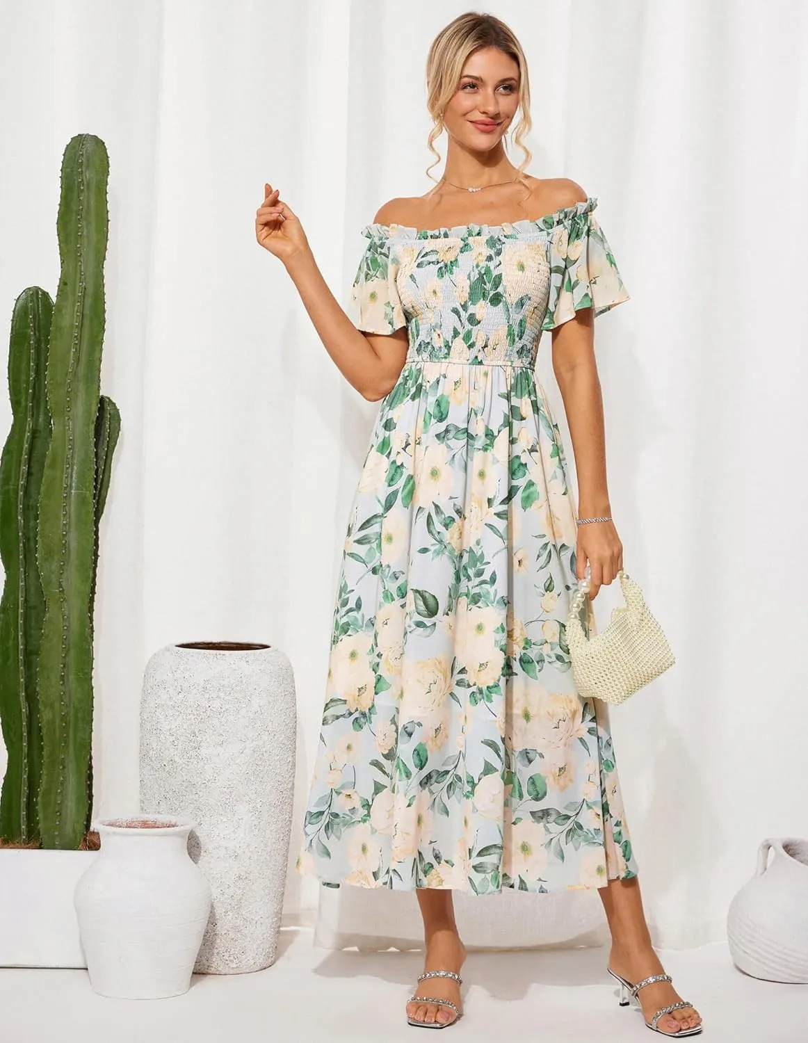 GRACE KARIN Women's 2025 Summer Floral Smocked Off Shoulder Flowy A Line Maxi Dresses Formal Wedding Guest Dress with Pockets