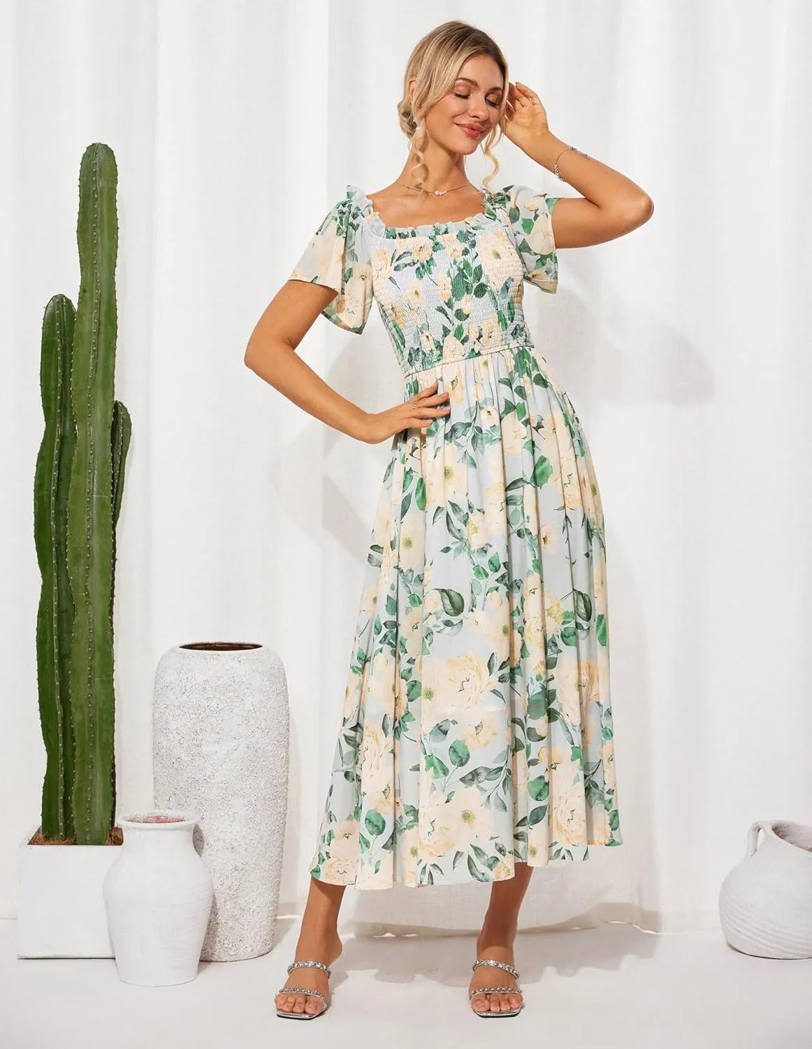 GRACE KARIN Women's 2025 Summer Floral Smocked Off Shoulder Flowy A Line Maxi Dresses Formal Wedding Guest Dress with Pockets