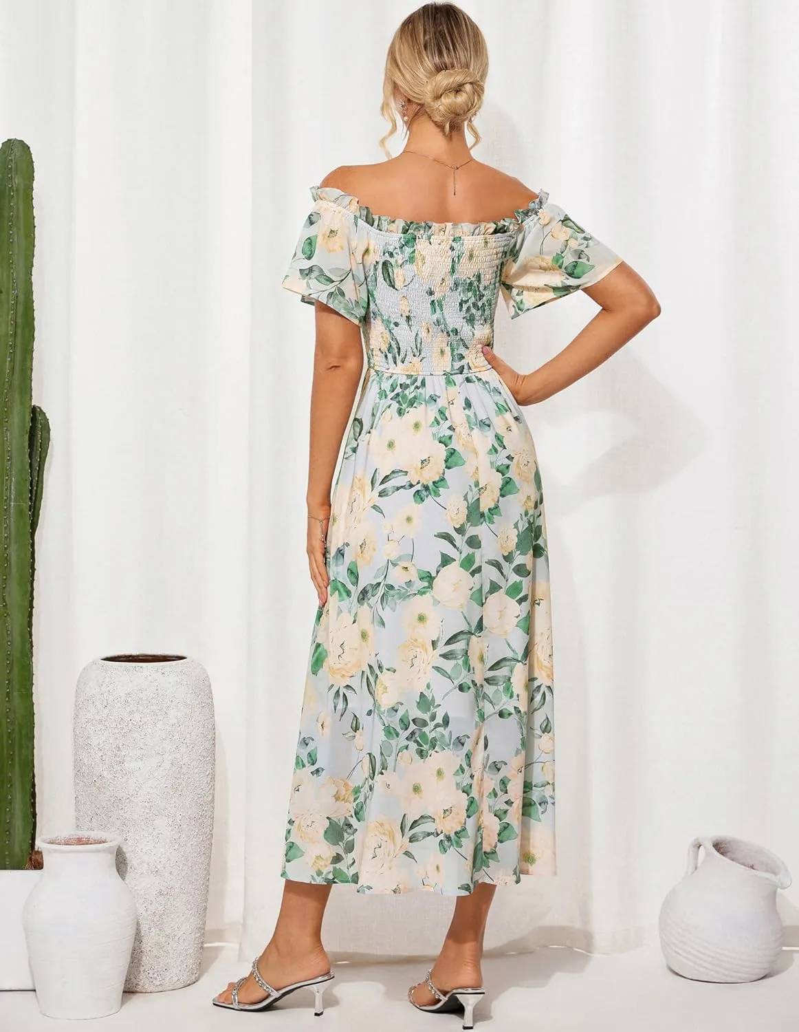 GRACE KARIN Women's 2025 Summer Floral Smocked Off Shoulder Flowy A Line Maxi Dresses Formal Wedding Guest Dress with Pockets