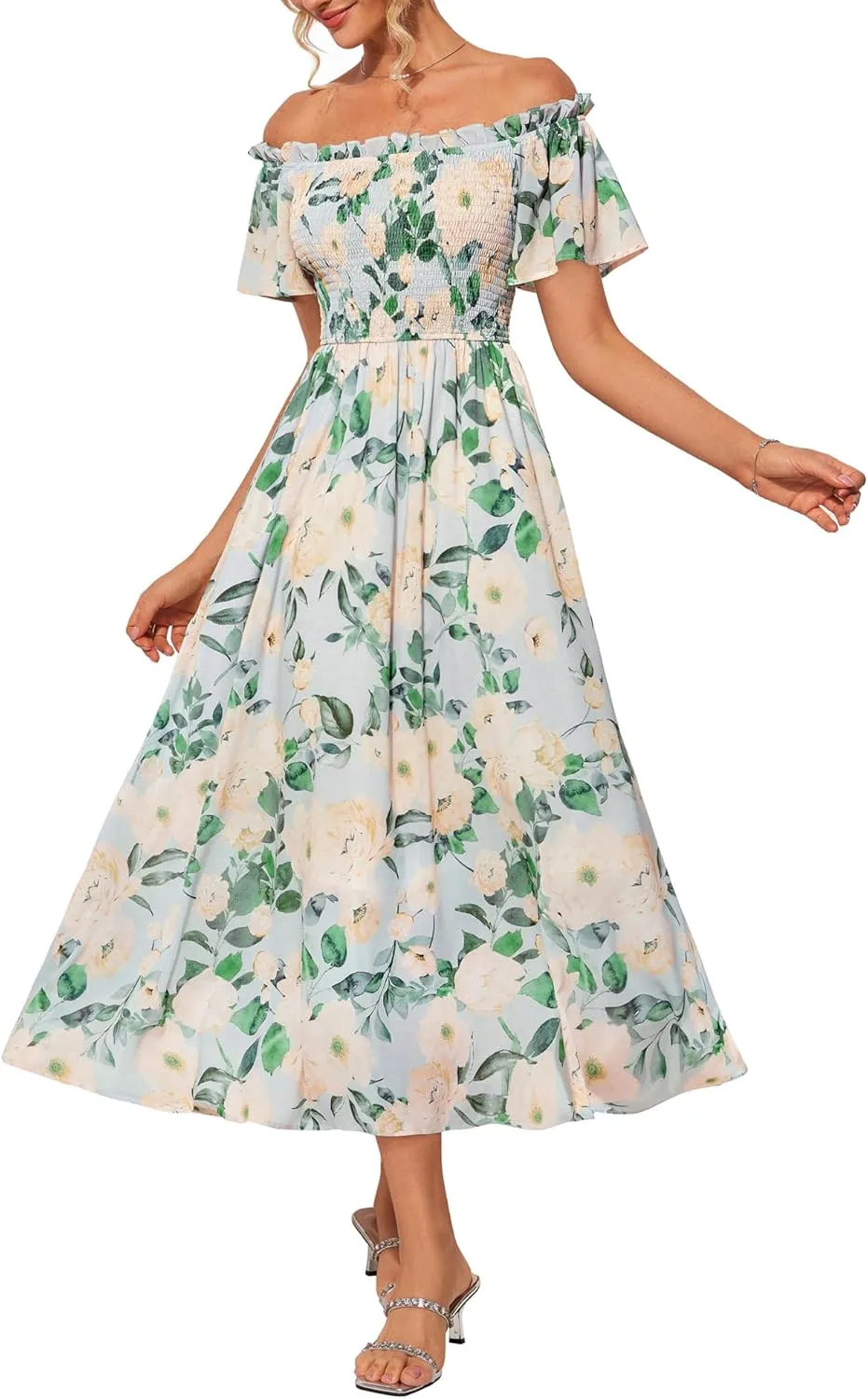 GRACE KARIN Women's 2025 Summer Floral Smocked Off Shoulder Flowy A Line Maxi Dresses Formal Wedding Guest Dress with Pockets