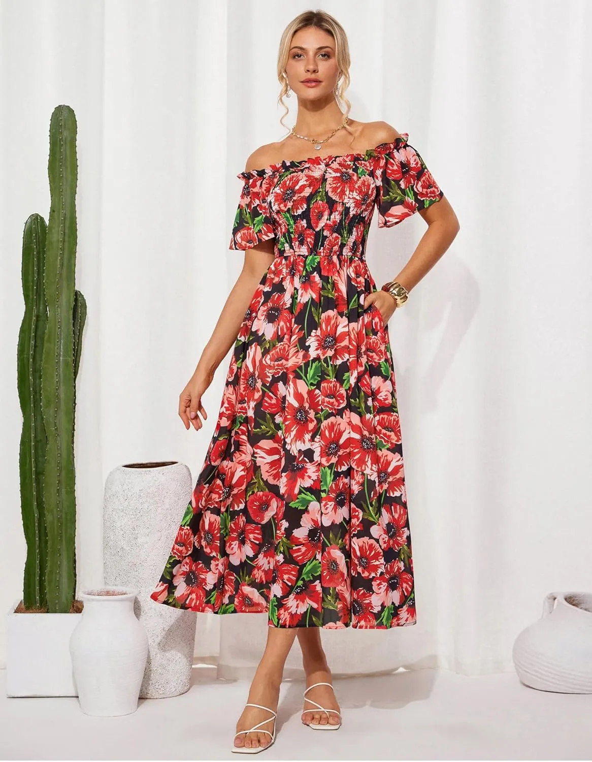 GRACE KARIN Women's 2025 Summer Floral Smocked Off Shoulder Flowy A Line Maxi Dresses Formal Wedding Guest Dress with Pockets