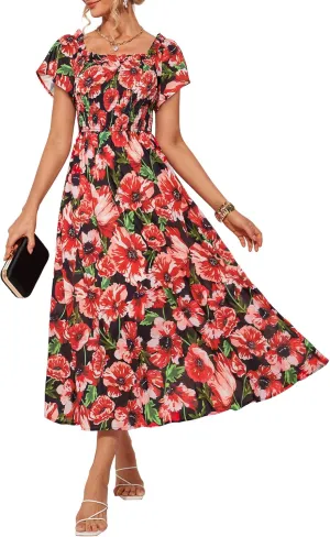GRACE KARIN Women's 2025 Summer Floral Smocked Off Shoulder Flowy A Line Maxi Dresses Formal Wedding Guest Dress with Pockets