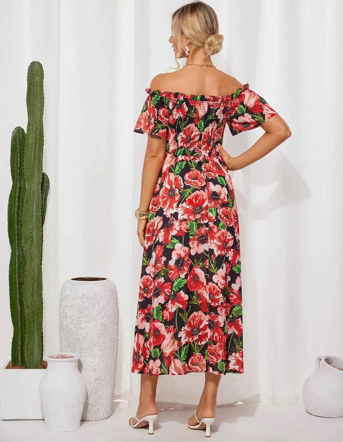 GRACE KARIN Women's 2025 Summer Floral Smocked Off Shoulder Flowy A Line Maxi Dresses Formal Wedding Guest Dress with Pockets