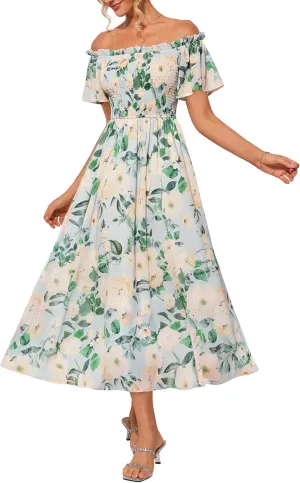 GRACE KARIN Women's 2025 Summer Floral Smocked Off Shoulder Flowy A Line Maxi Dresses Formal Wedding Guest Dress with Pockets