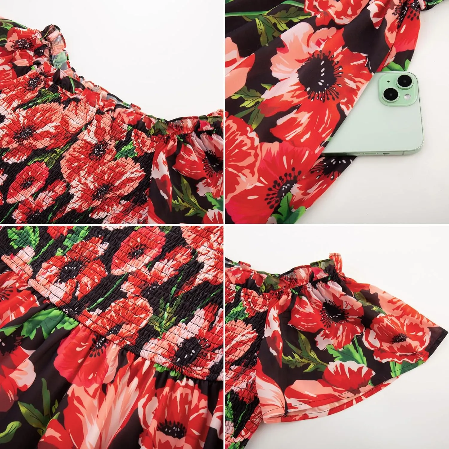 GRACE KARIN Women's 2025 Summer Floral Smocked Off Shoulder Flowy A Line Maxi Dresses Formal Wedding Guest Dress with Pockets