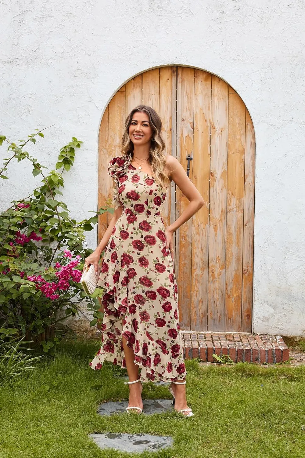GRACE KARIN Womens Summer One Shoulder Sleeveless Dresses Floral Flowy Ruffle High Low Wedding Guest Maxi Sundresses