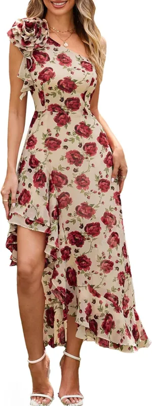 GRACE KARIN Womens Summer One Shoulder Sleeveless Dresses Floral Flowy Ruffle High Low Wedding Guest Maxi Sundresses