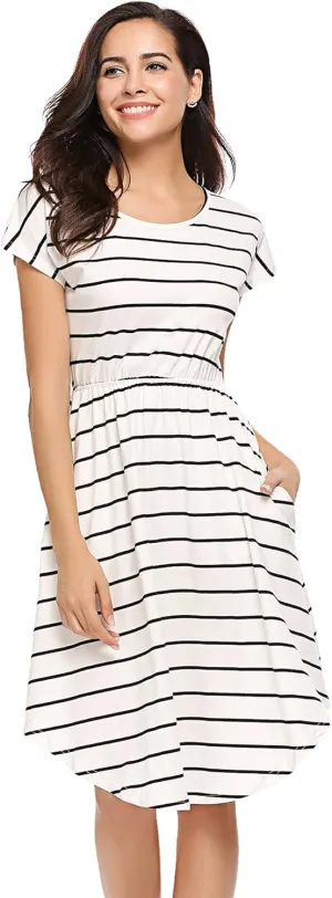 Halife Women's Short Sleeve Stripe Elastic Waist Casual Dress with Pocket