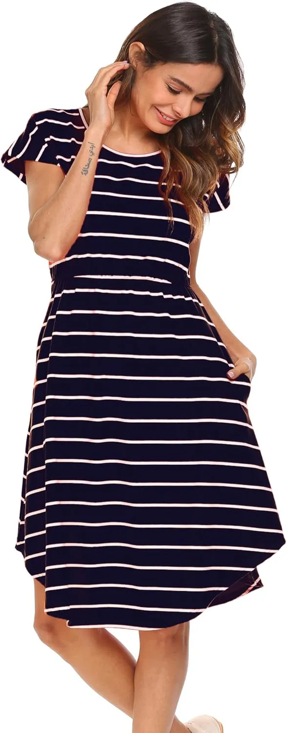 Halife Women's Short Sleeve Stripe Elastic Waist Casual Dress with Pocket