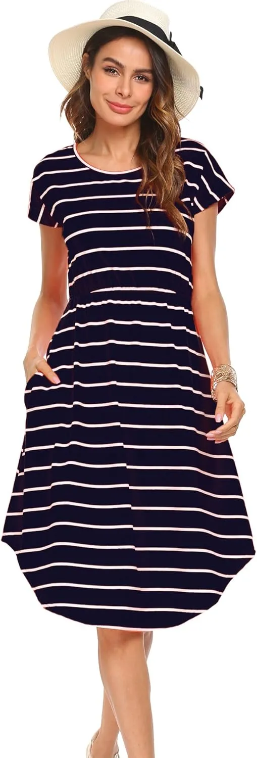 Halife Women's Short Sleeve Stripe Elastic Waist Casual Dress with Pocket