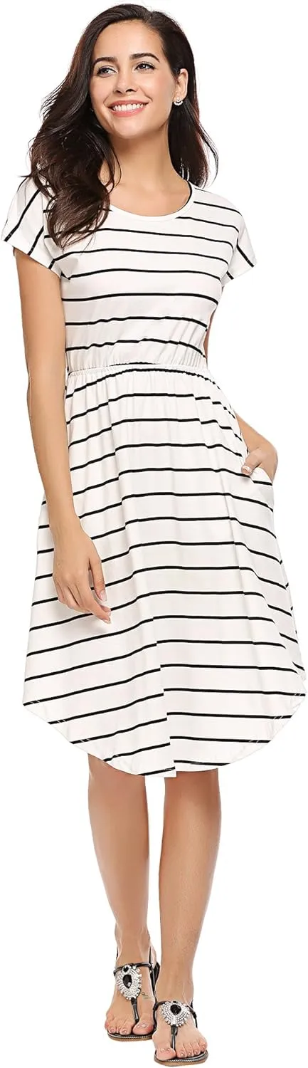 Halife Women's Short Sleeve Stripe Elastic Waist Casual Dress with Pocket