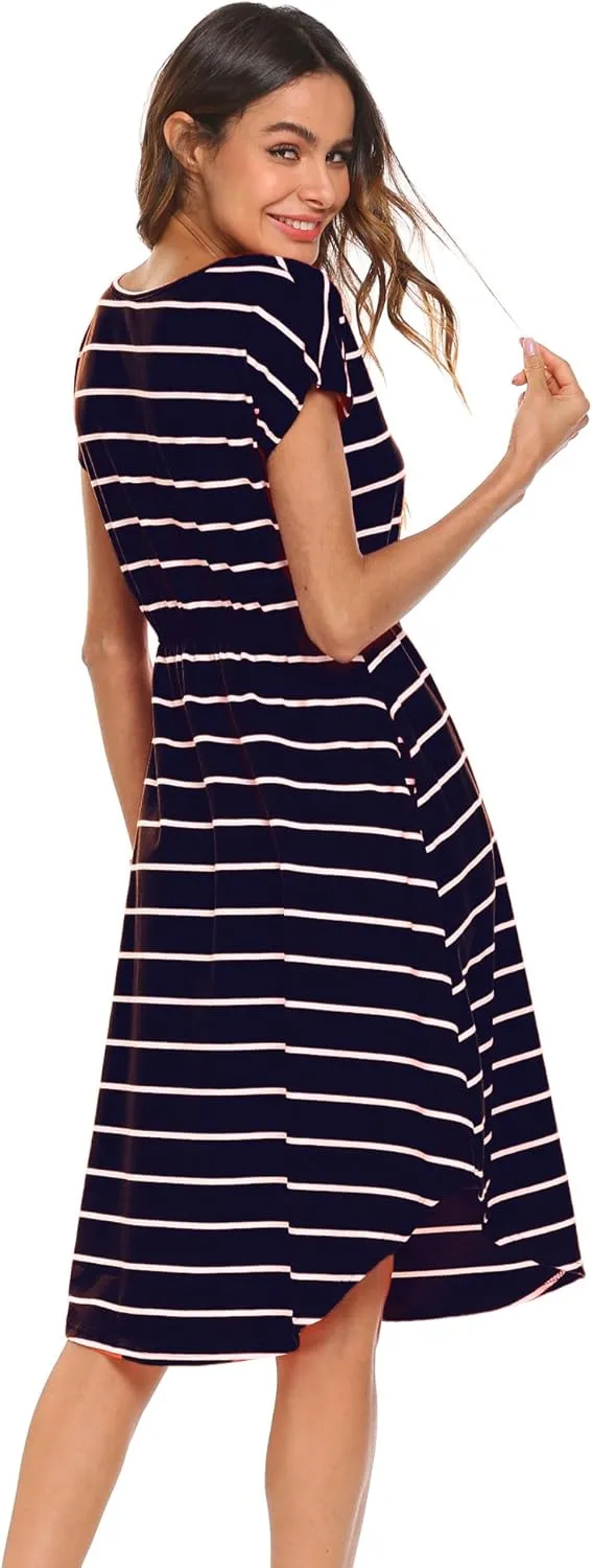 Halife Women's Short Sleeve Stripe Elastic Waist Casual Dress with Pocket