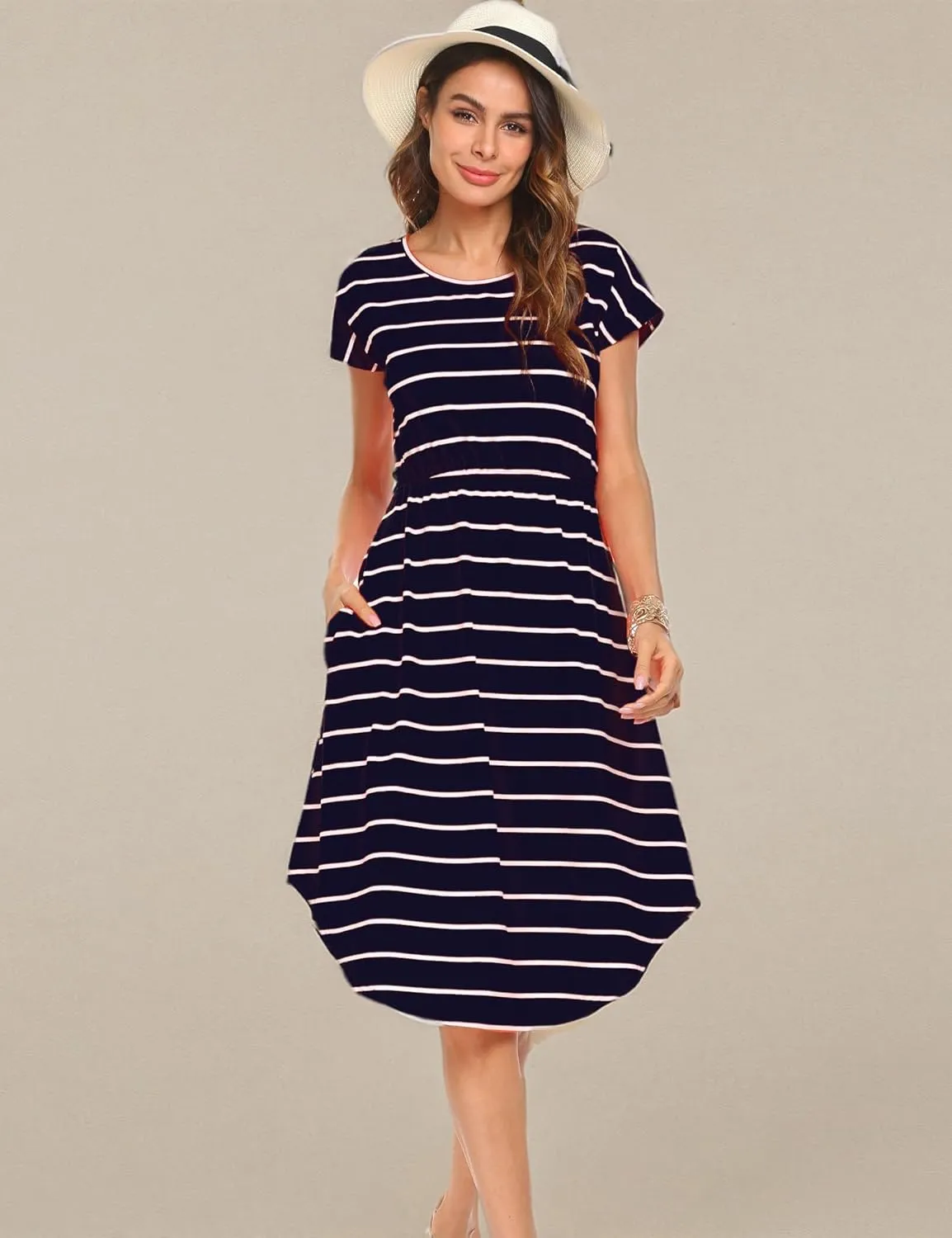Halife Women's Short Sleeve Stripe Elastic Waist Casual Dress with Pocket