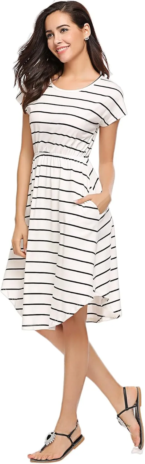 Halife Women's Short Sleeve Stripe Elastic Waist Casual Dress with Pocket