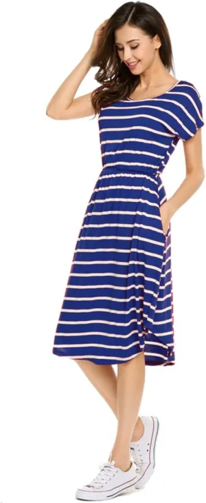 Halife Women's Short Sleeve Stripe Elastic Waist Casual Dress with Pocket