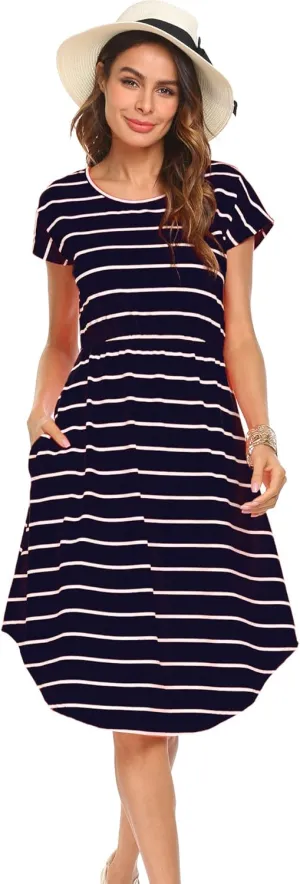 Halife Women's Short Sleeve Stripe Elastic Waist Casual Dress with Pocket