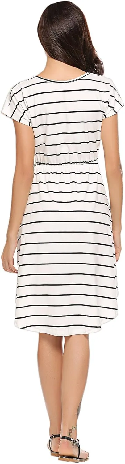 Halife Women's Short Sleeve Stripe Elastic Waist Casual Dress with Pocket