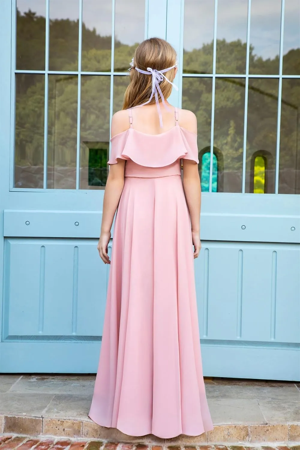 Halter Junior Bridesmaid Dresses Chiffon Cold Shoulder Flower Girl Dress Ruffles Pageant Dress for Girls