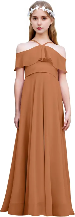 Halter Junior Bridesmaid Dresses Chiffon Cold Shoulder Flower Girl Dress Ruffles Pageant Dress for Girls