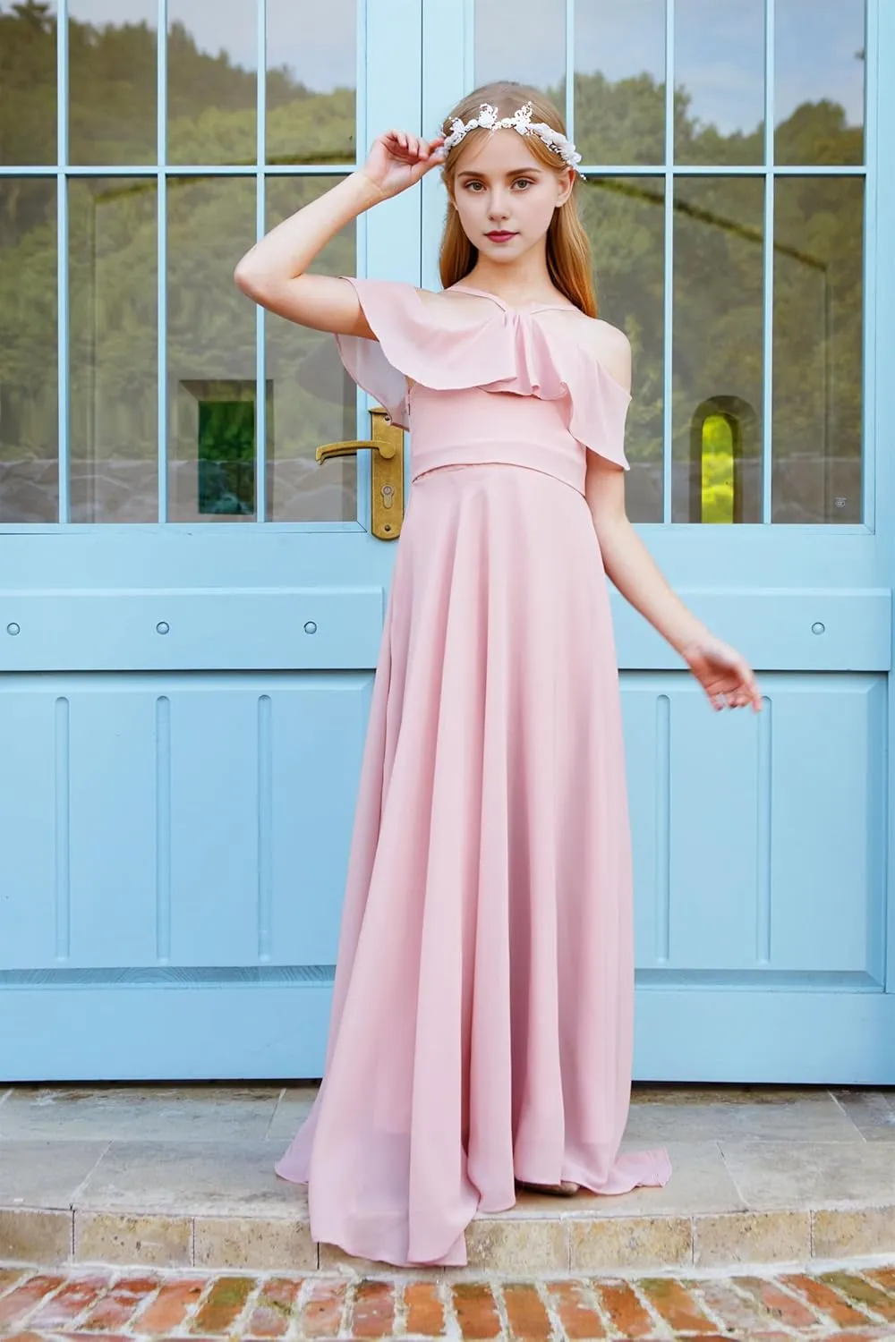 Halter Junior Bridesmaid Dresses Chiffon Cold Shoulder Flower Girl Dress Ruffles Pageant Dress for Girls