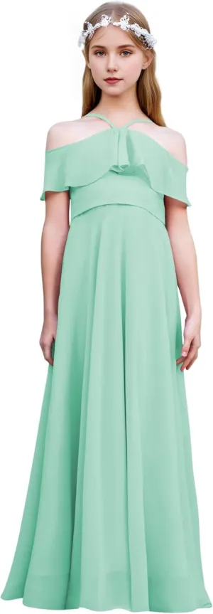 Halter Junior Bridesmaid Dresses Chiffon Cold Shoulder Flower Girl Dress Ruffles Pageant Dress for Girls