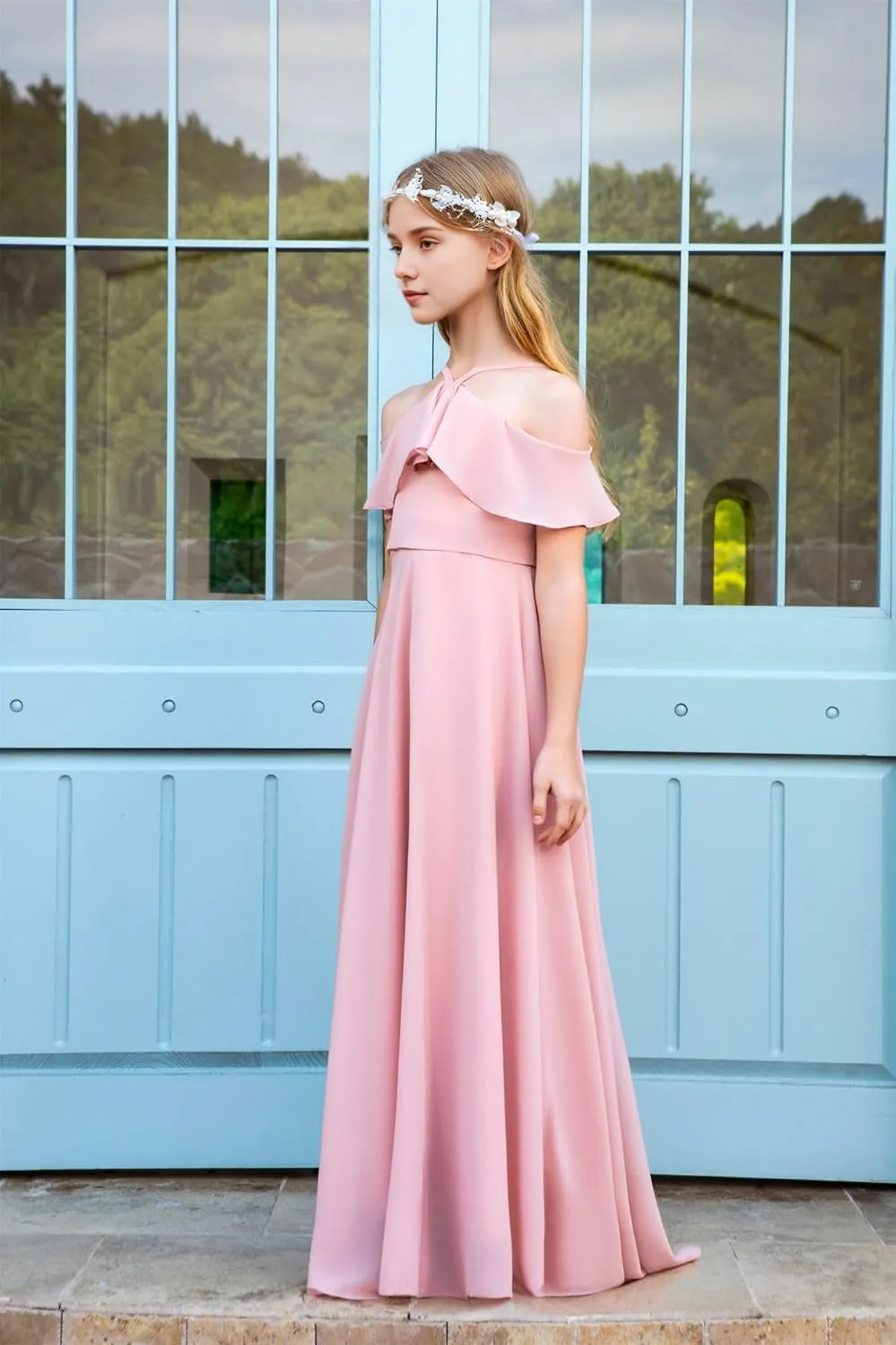 Halter Junior Bridesmaid Dresses Chiffon Cold Shoulder Flower Girl Dress Ruffles Pageant Dress for Girls