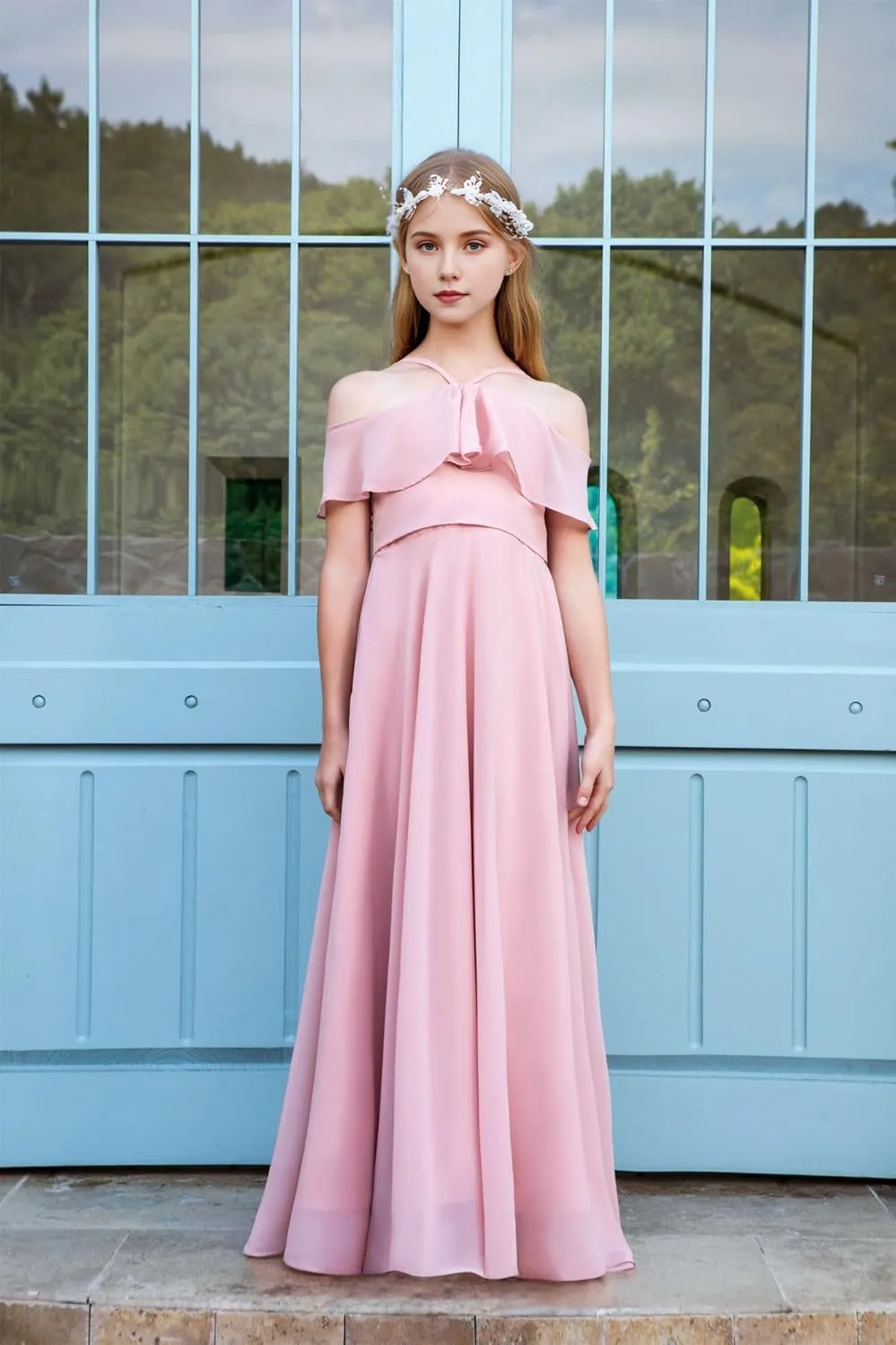 Halter Junior Bridesmaid Dresses Chiffon Cold Shoulder Flower Girl Dress Ruffles Pageant Dress for Girls