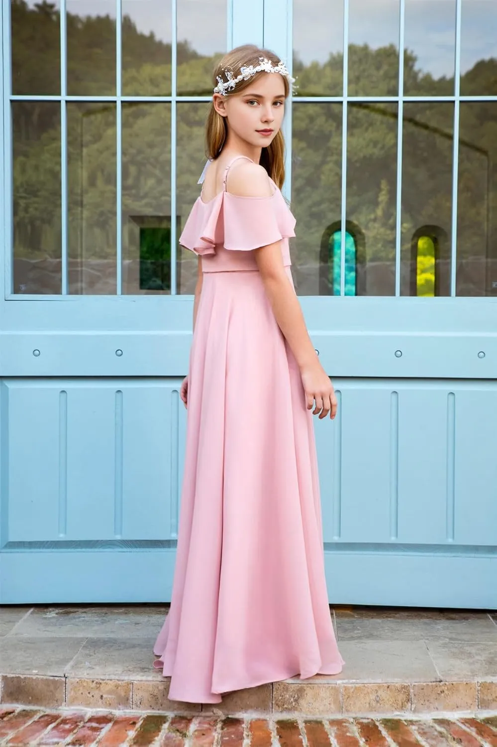 Halter Junior Bridesmaid Dresses Chiffon Cold Shoulder Flower Girl Dress Ruffles Pageant Dress for Girls