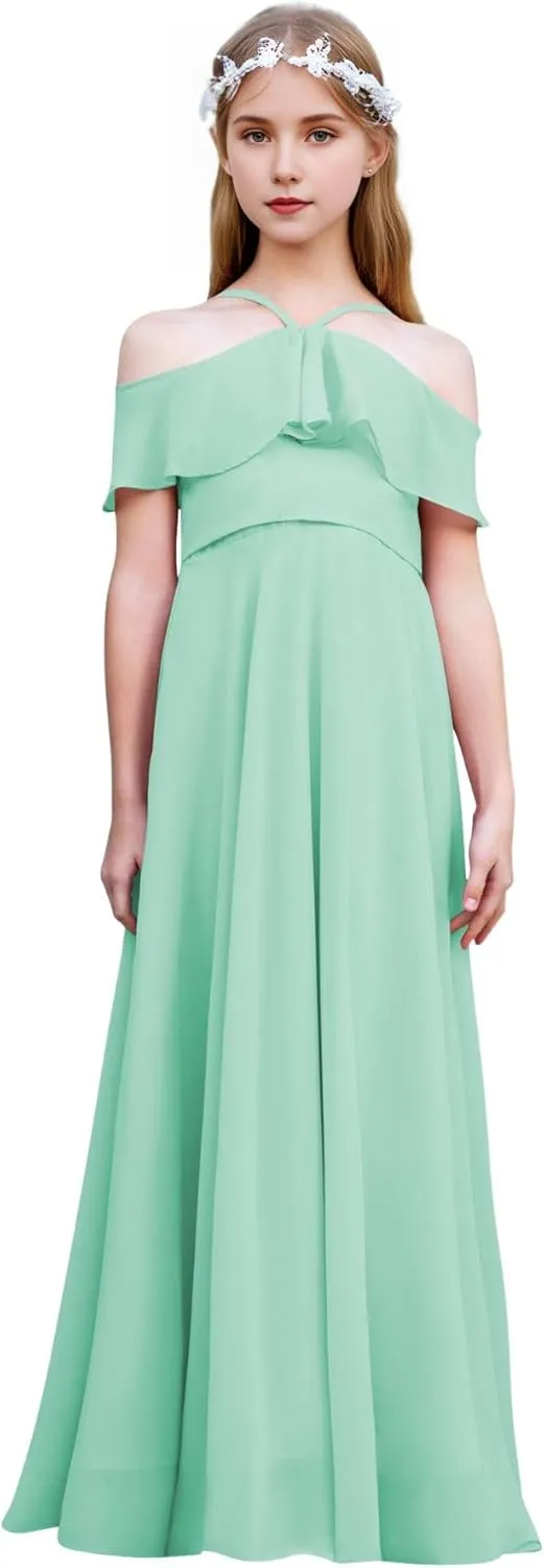 Halter Junior Bridesmaid Dresses Chiffon Cold Shoulder Flower Girl Dress Ruffles Pageant Dress for Girls