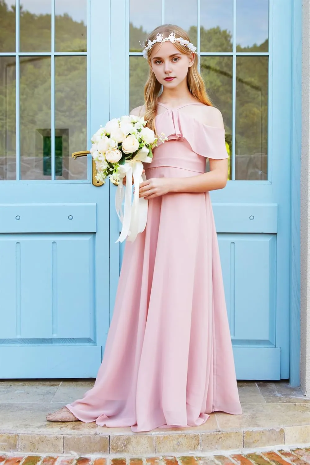 Halter Junior Bridesmaid Dresses Chiffon Cold Shoulder Flower Girl Dress Ruffles Pageant Dress for Girls