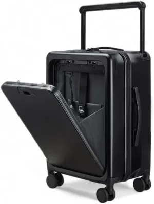 Hard shell Carry On Luggage, Front Opening PC ABS Suitcase with Aluminum Frame, 360 Spinner Wheels, Business Travel Cabin Bag (Black Zipper Version, 20inch)