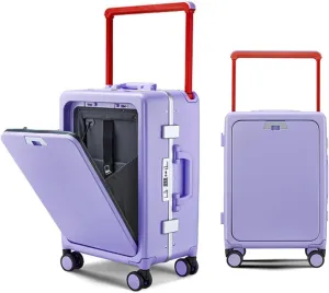 Hard shell Carry On Luggage, Front Opening PC ABS Suitcase with Aluminum Frame, 360 Spinner Wheels, Business Travel Cabin Bag (Purple, 20inch)