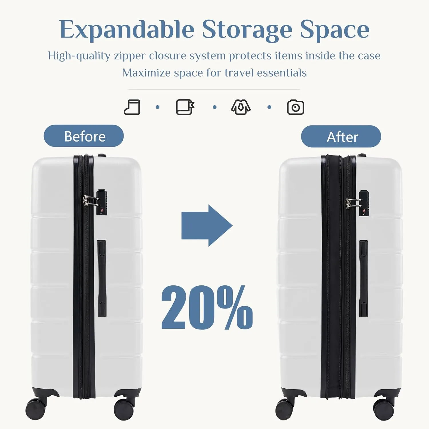 Hardshell ABS Expandable Suitcase with 360 Spinner Wheels & TSA Lock, Durable Luggage Sets for Travel, Retractable Handle Carry-On Suitcase with Scratch-Resistant Shell (White, 20 Inch)
