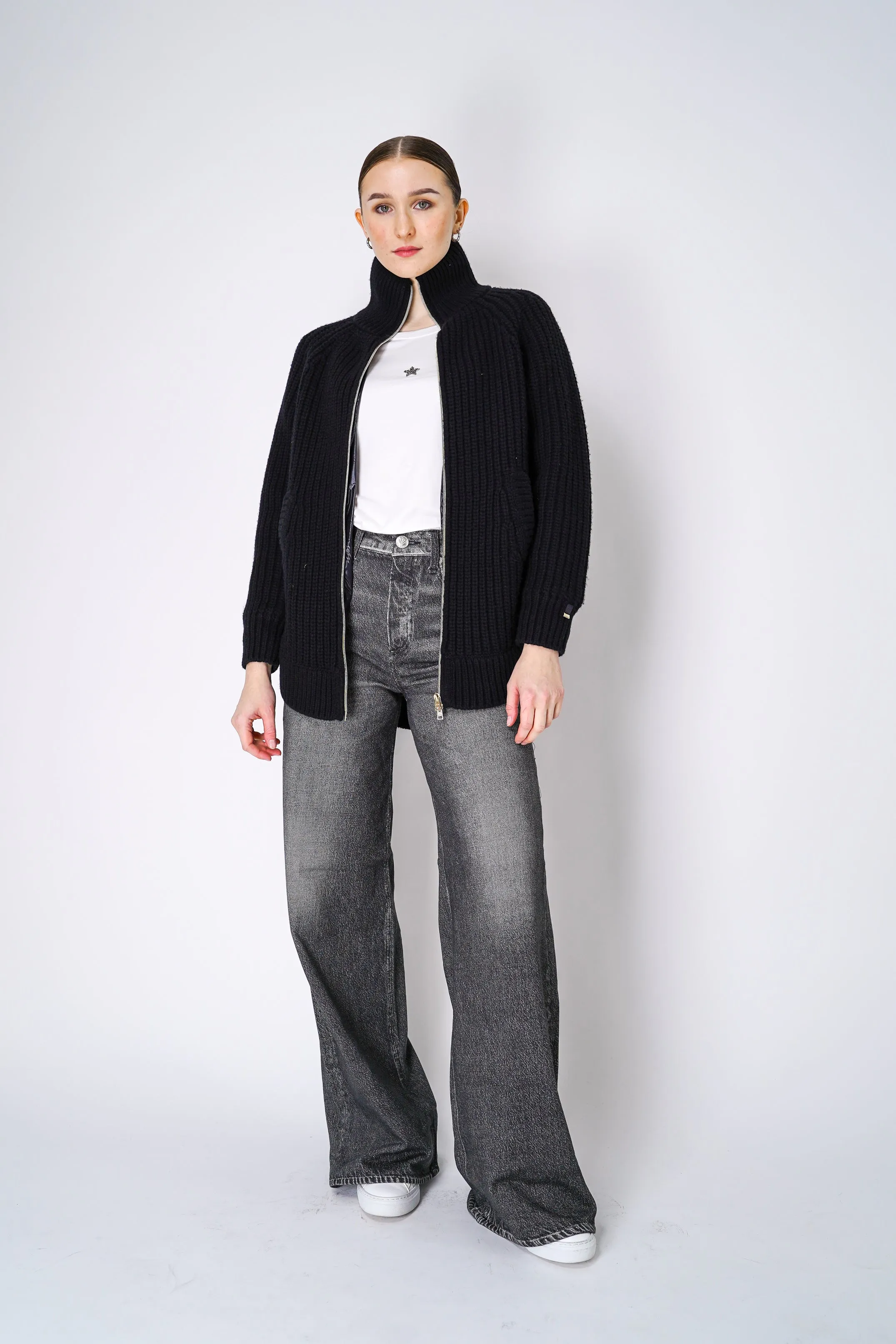 Herno Cable Knit Jacket with Insulated Back in Black