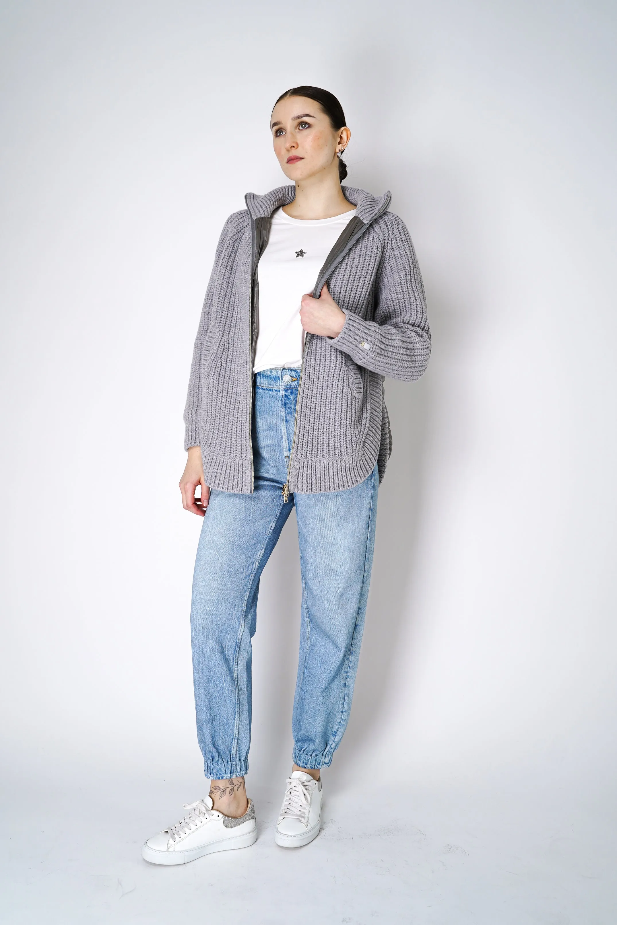 Herno Cable Knit Jacket with Insulated Back in Light Grey