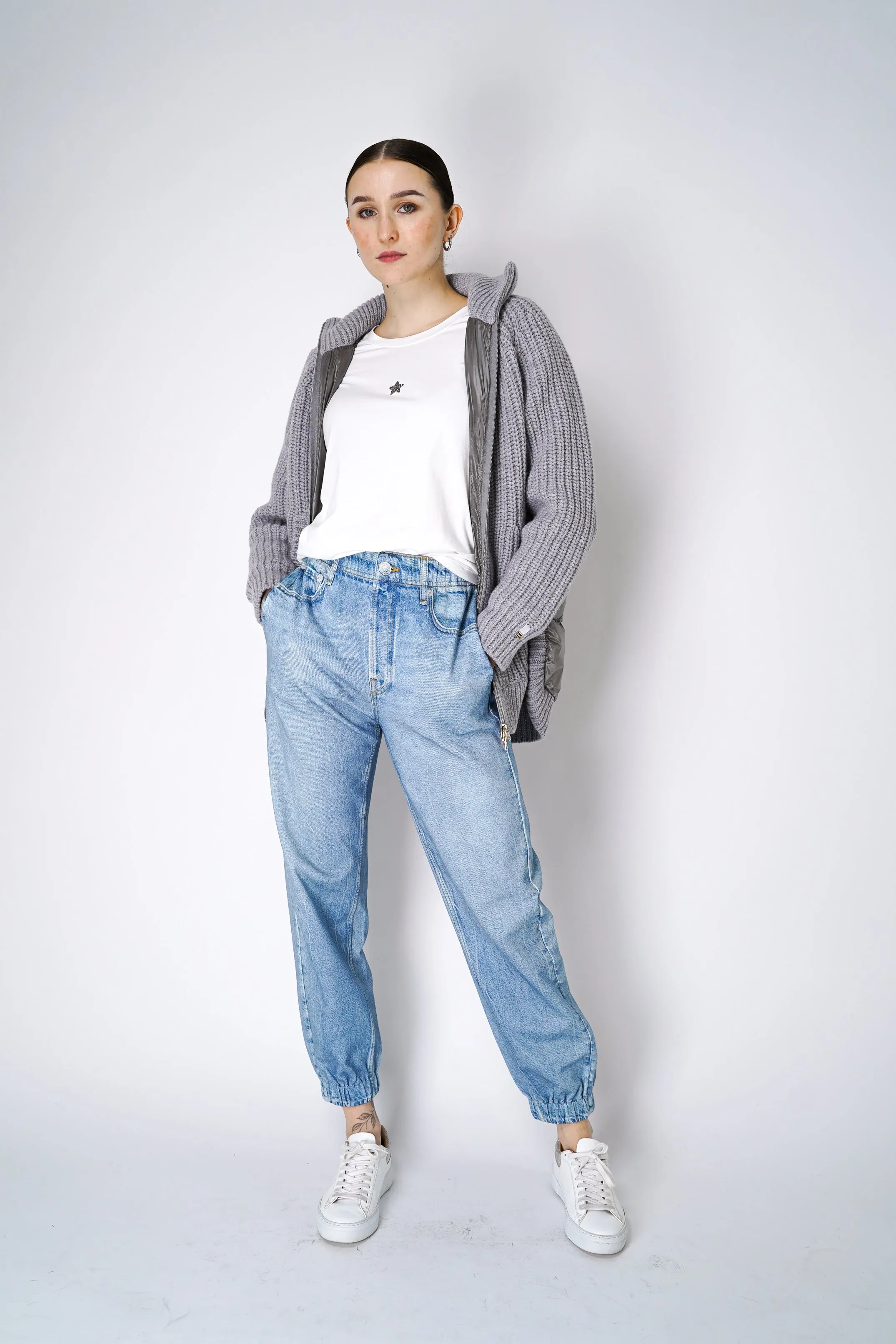 Herno Cable Knit Jacket with Insulated Back in Light Grey